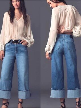 PAIGE Sasha Ankle Cuffed Wide Leg Denim Jean Blue Note Distressed Size 28